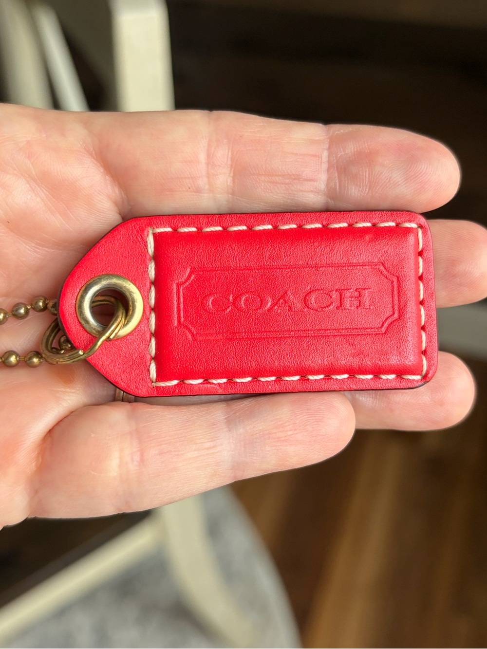 Coach Red Leather Logo Tag Keyring with Brass Chain
